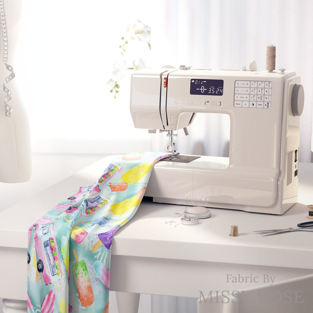 Design 382 Ice Cream Truck Fabric on a sewing machine – premium fabric for sewing projects | Fabric by Missy Rose