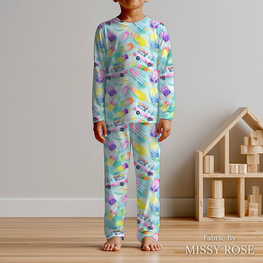 Design 382 Ice Cream Truck Fabric sewn into kids' pyjamas – see how the print looks made up | Fabric by Missy Rose