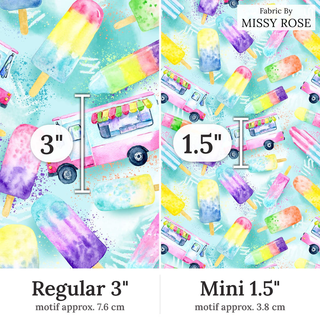 Design 382 Ice Cream Truck Fabric Regular 3 inch vs Mini 1.5 inch print scale side by side | Fabric by Missy Rose