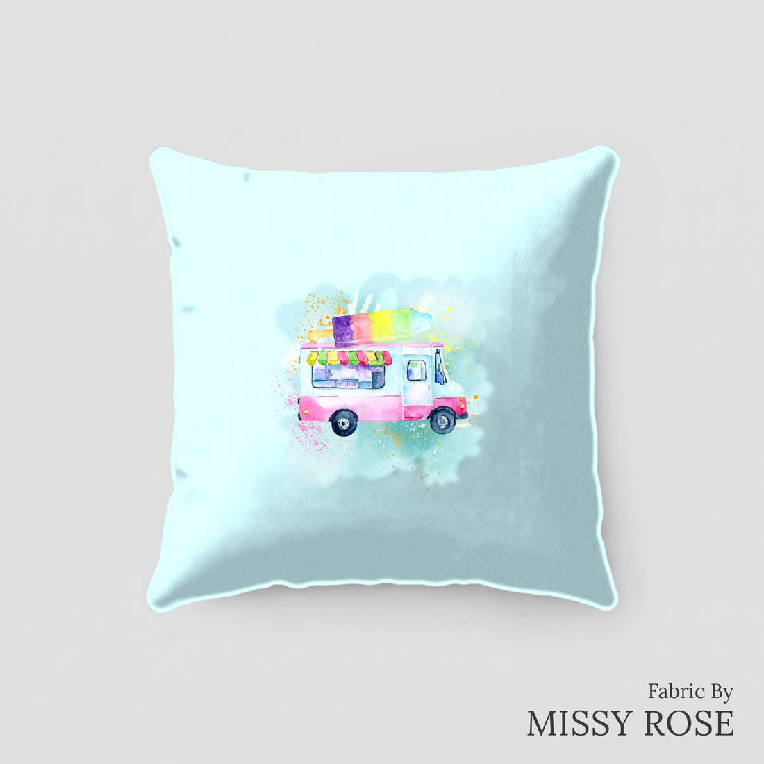 Design 382 Ice Cream Truck Panel sewn into a cushion – see how the panel looks made up | Fabric by Missy Rose