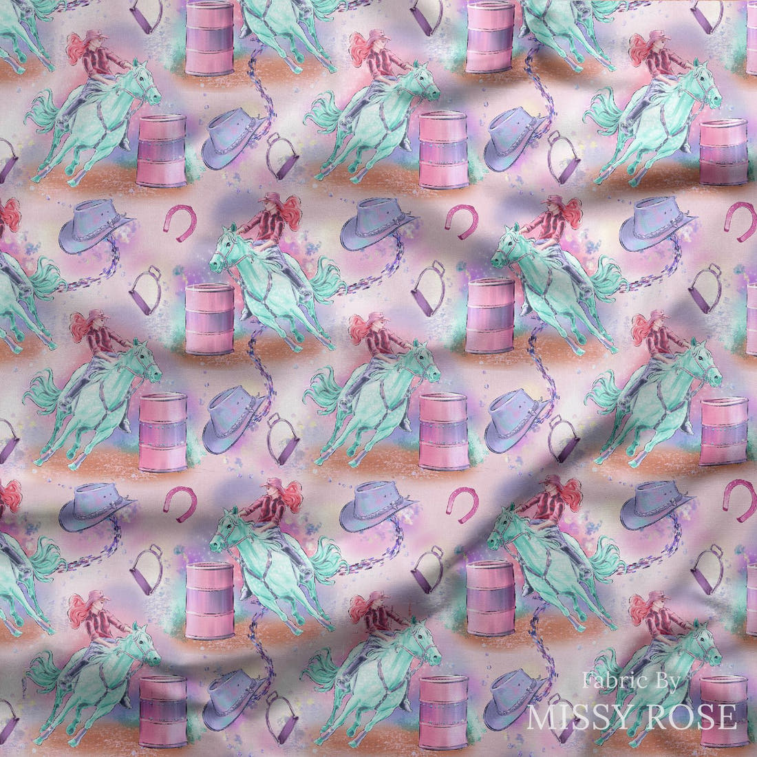 Design 383 Barrell Riding Fabric draped fabric mockup – custom printed fabric by the metre | Fabric by Missy Rose