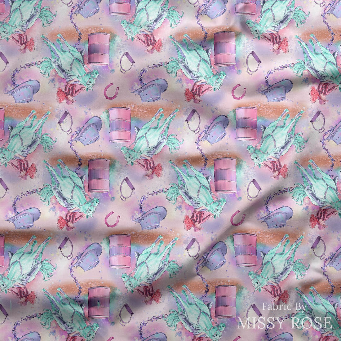 Design 383 Barrell Riding Fabric draped fabric mockup – custom printed fabric by the metre | Fabric by Missy Rose