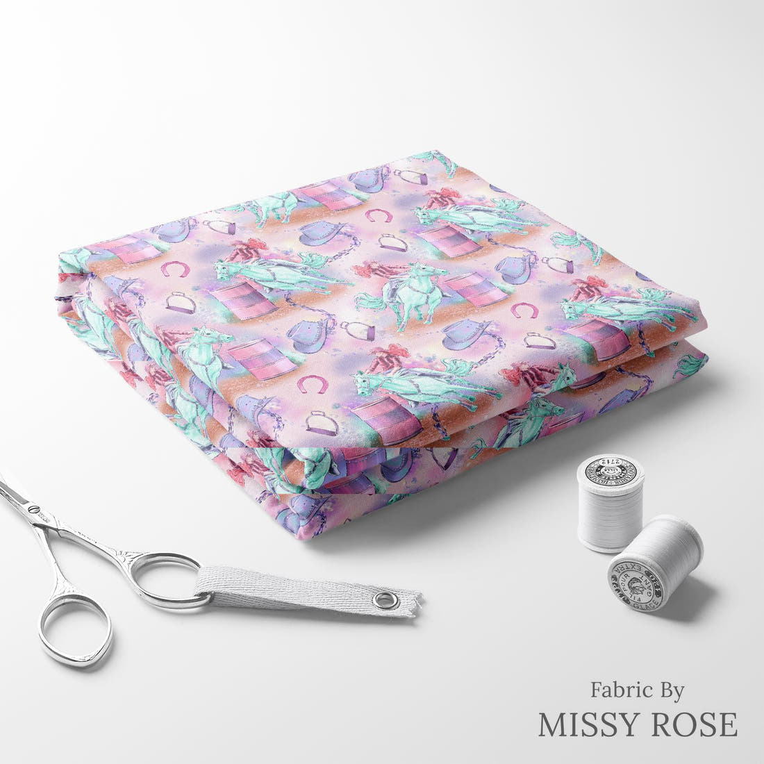 Design 383 Barrell Riding Fabric folded fabric stack with matching thread – pre-order fabric Australia | Fabric by Missy Rose