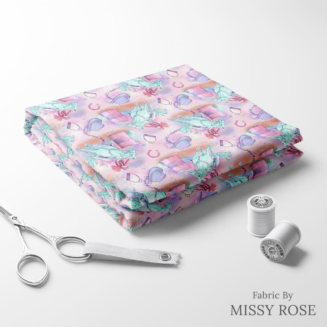 Design 383 Barrell Riding Fabric folded fabric stack with matching thread – pre-order fabric Australia | Fabric by Missy Rose