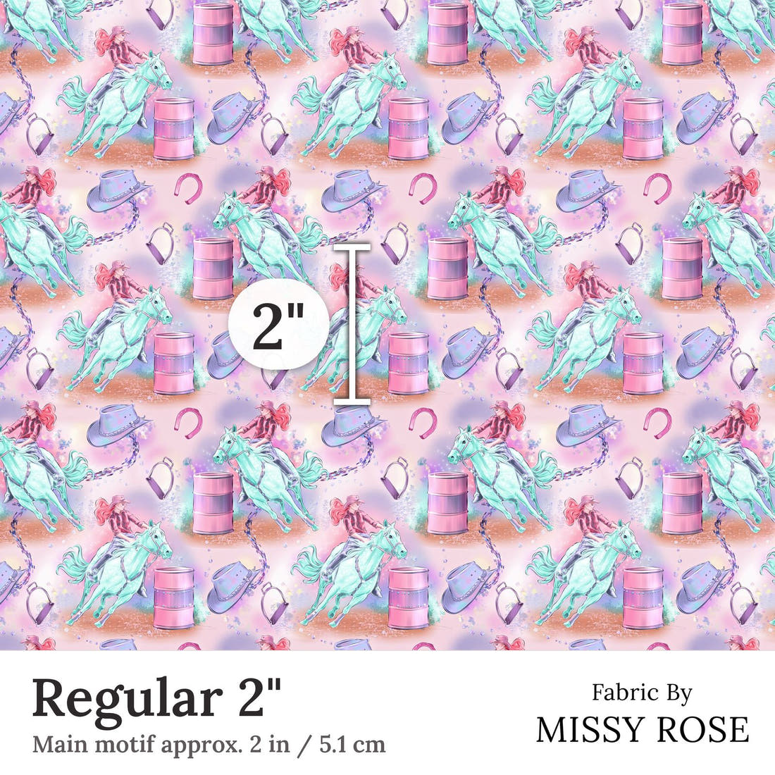 Design 383 Barrell Riding Fabric Regular 2 inch print scale guide | Fabric by Missy Rose