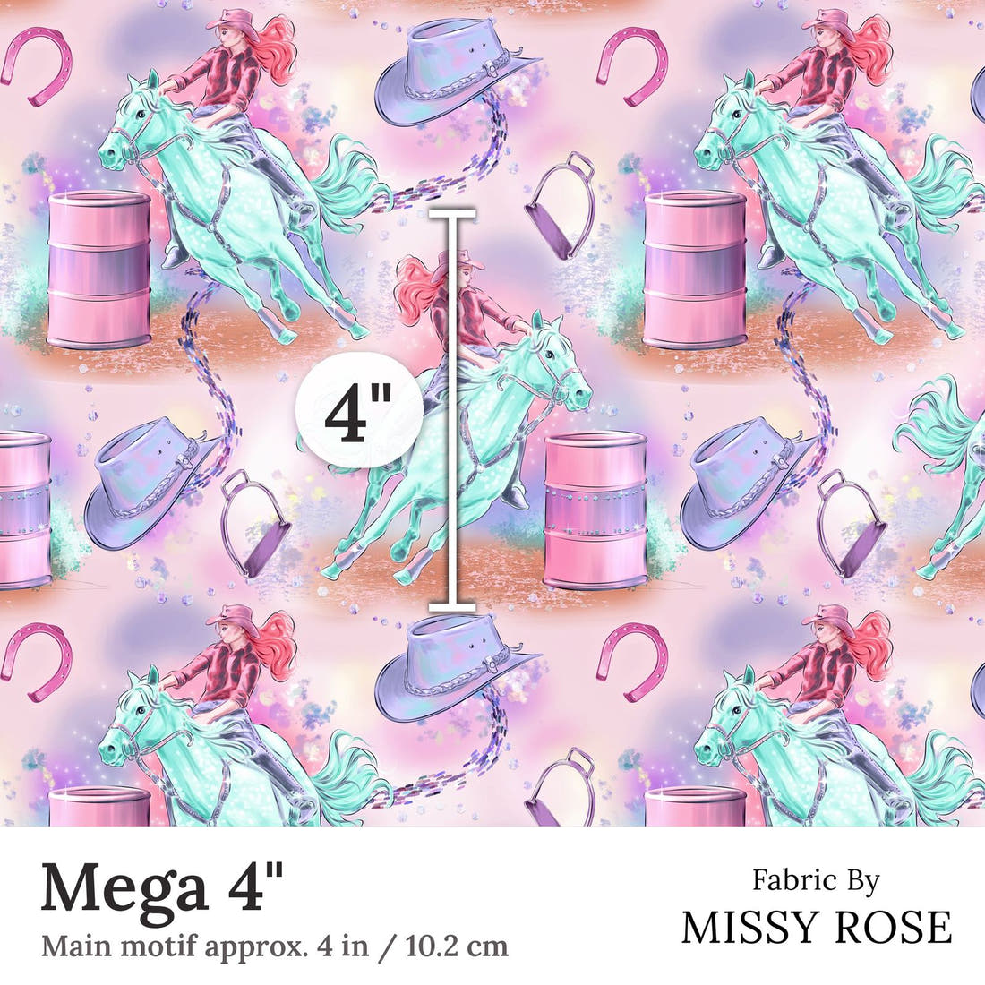 Design 383 Barrell Riding Fabric Mega 4 inch print scale guide | Fabric by Missy Rose