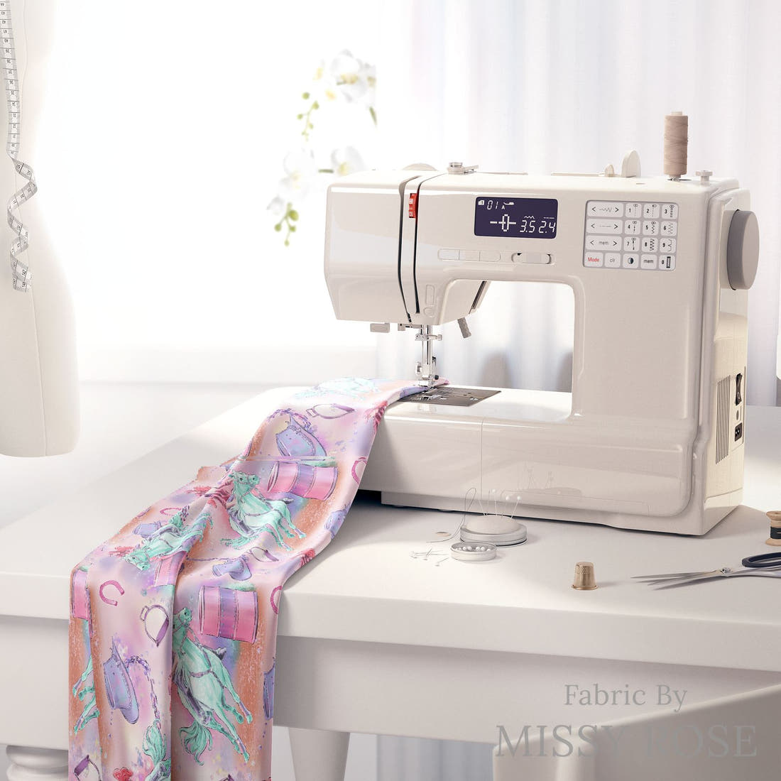Design 383 Barrell Riding Fabric on a sewing machine – premium fabric for sewing projects | Fabric by Missy Rose