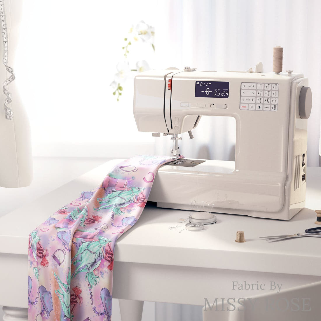 Design 383 Barrell Riding Fabric on a sewing machine – premium fabric for sewing projects | Fabric by Missy Rose