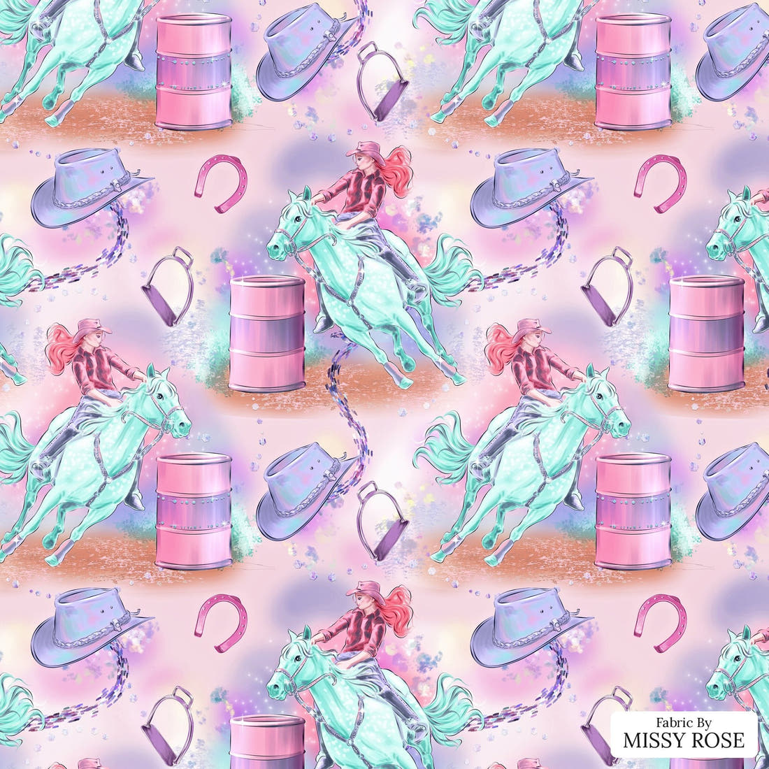 Design 383 Barrel Riding Fabric - flat view of the print, zoom in for detail | Fabric by Missy Rose