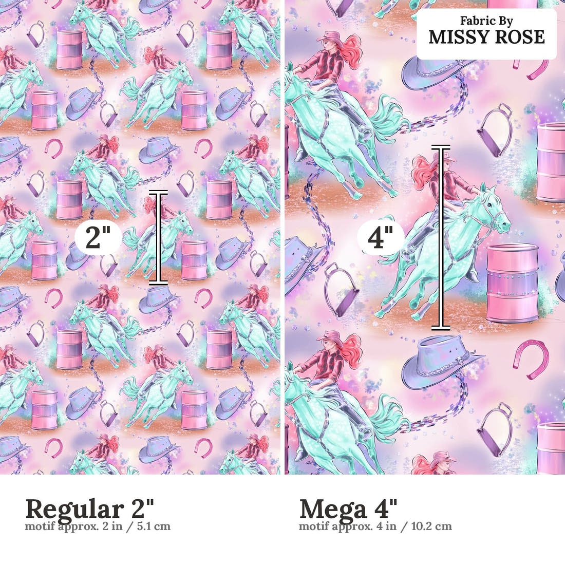Design 383 Barrel Riding Fabric size comparison - print scale | Fabric by Missy Rose