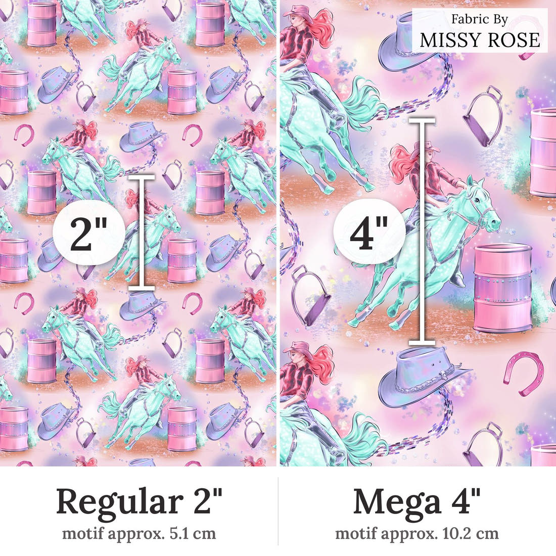 Design 383 Barrell Riding Fabric Regular 2 inch vs Mega 4 inch print scale side by side | Fabric by Missy Rose