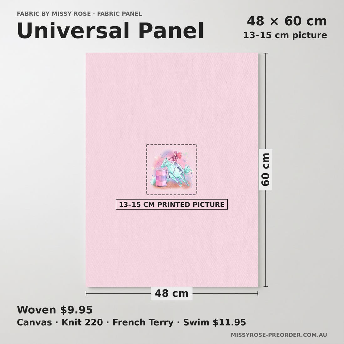 Design 383 Barrell Riding Panel universal panel sizing – 13–15 cm printed picture on 48 × 60 cm fabric | Fabric by Missy Rose