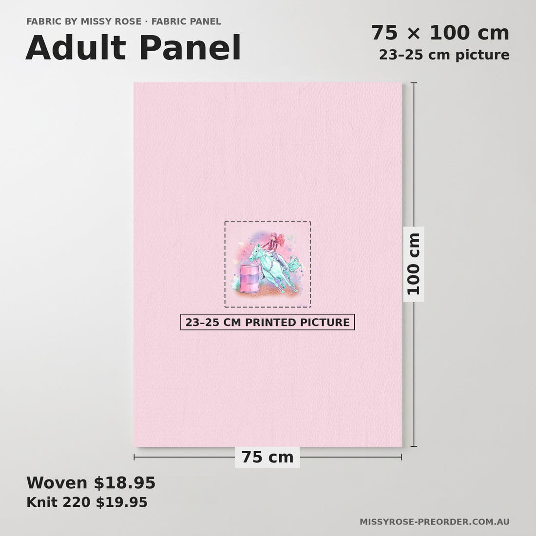 Design 383 Barrell Riding Panel adult panel sizing – 23–25 cm printed picture on 75 × 100 cm fabric | Fabric by Missy Rose