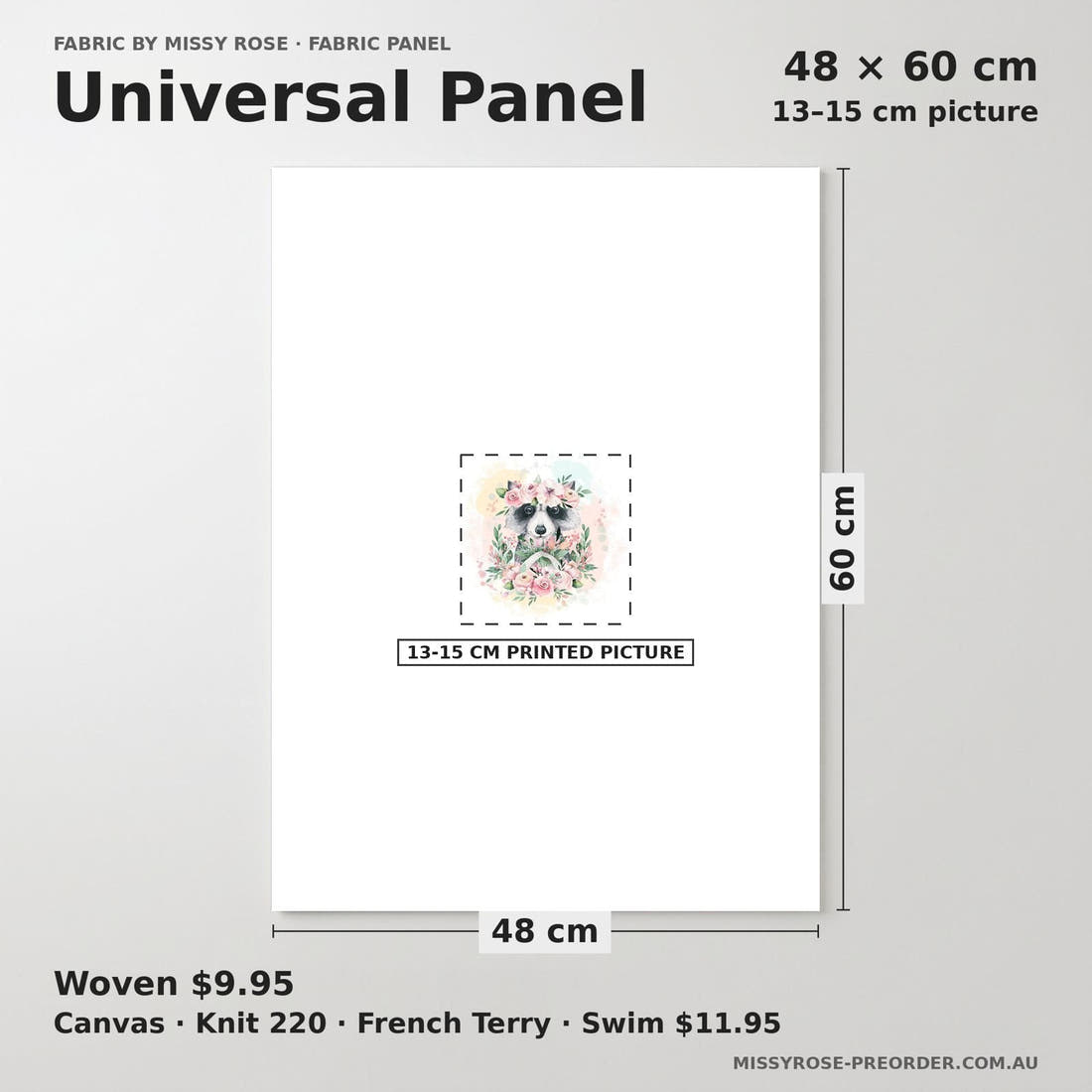 Design 384 Raccoon Panel universal panel sizing – 13–15 cm printed picture on 48 × 60 cm fabric | Fabric by Missy Rose