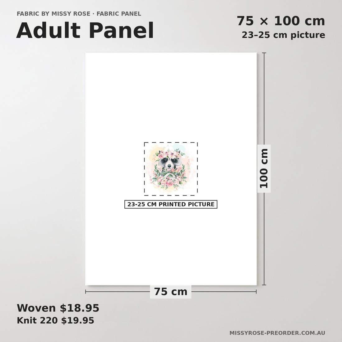 Design 384 Raccoon Panel adult panel sizing – 23–25 cm printed picture on 75 × 100 cm fabric | Fabric by Missy Rose