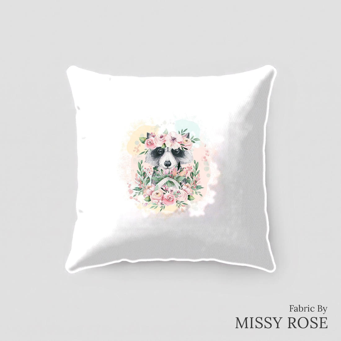 Design 384 Raccoon Panel sewn into a cushion – see how the panel looks made up | Fabric by Missy Rose