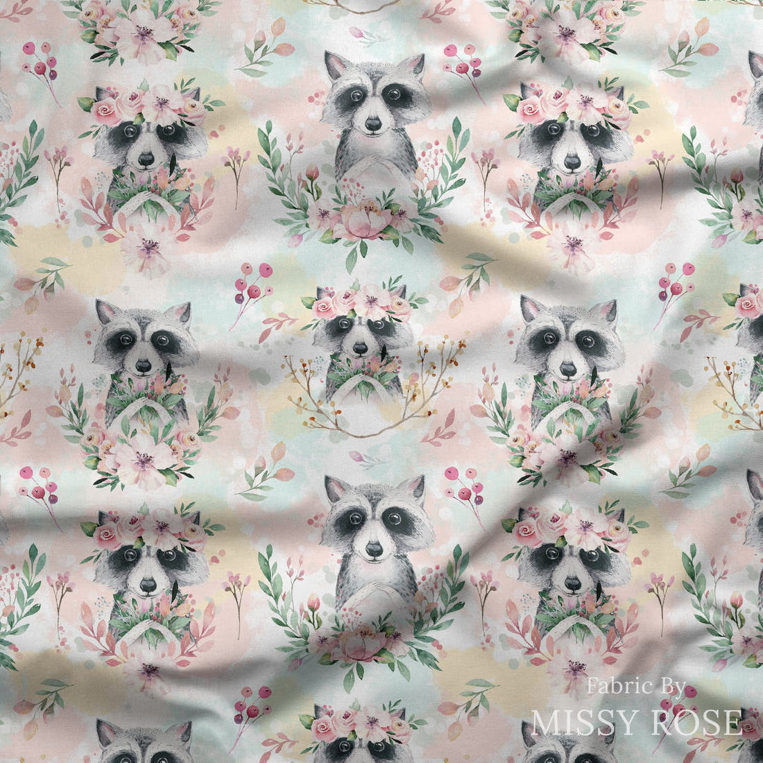 Design 384 Raccoon Fabric draped fabric mockup – custom printed fabric by the metre | Fabric by Missy Rose