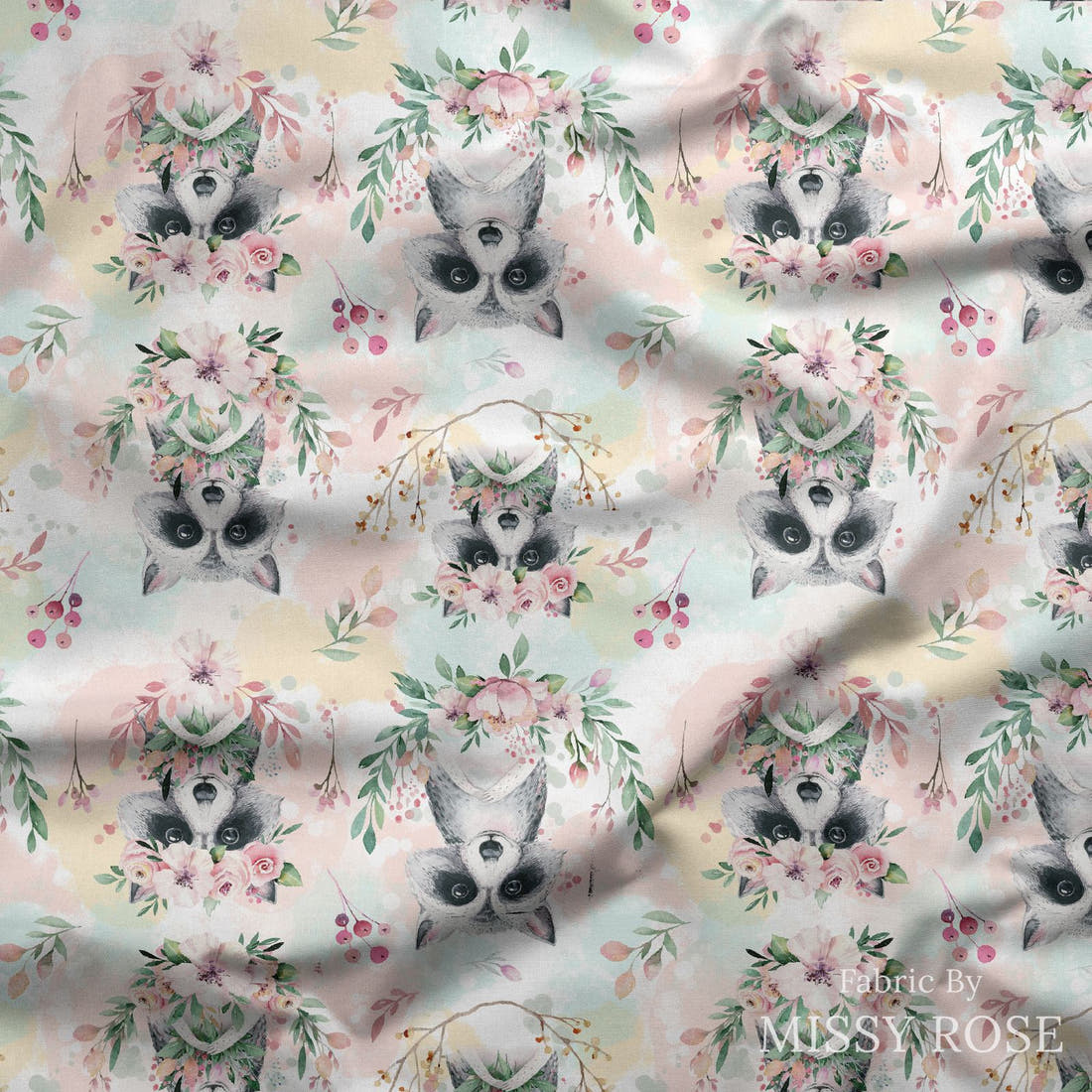 Design 384 Raccoon Fabric draped fabric mockup – custom printed fabric by the metre | Fabric by Missy Rose