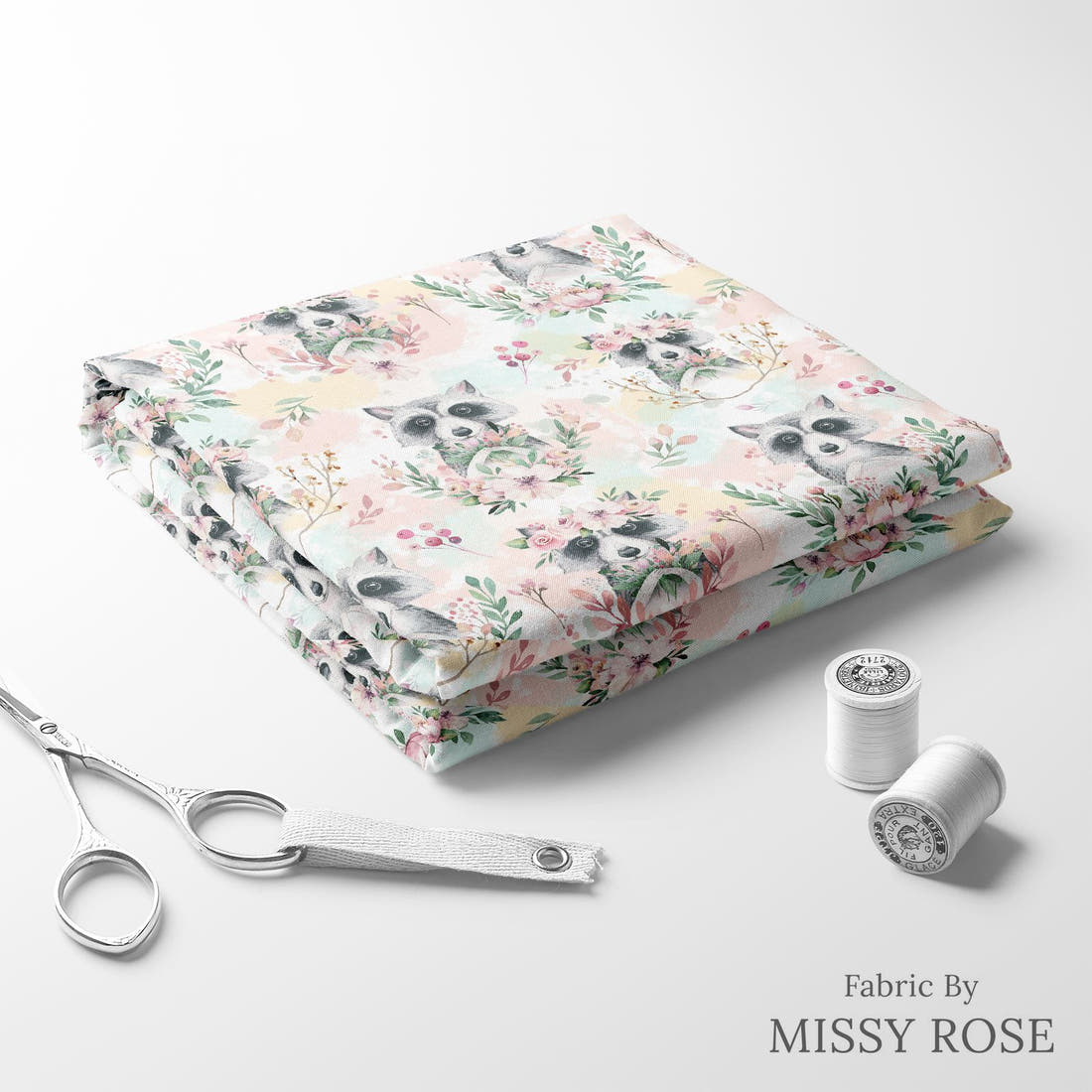 Design 384 Raccoon Fabric folded fabric stack with matching thread – pre-order fabric Australia | Fabric by Missy Rose