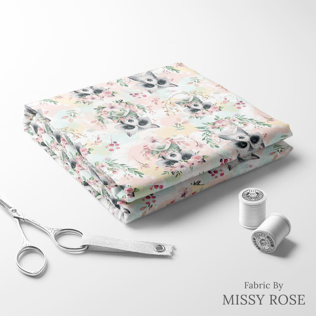 Design 384 Raccoon Fabric folded fabric stack with matching thread – pre-order fabric Australia | Fabric by Missy Rose