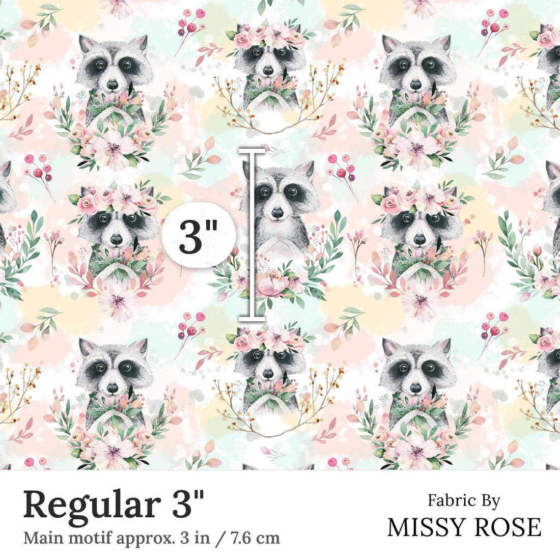 Design 384 Raccoon Fabric Regular 3 inch print scale guide | Fabric by Missy Rose