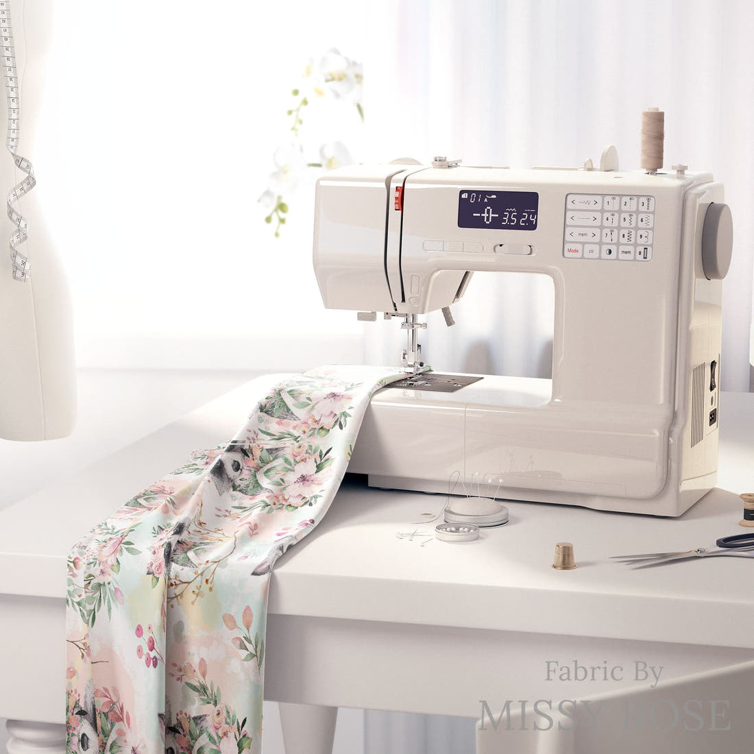 Design 384 Raccoon Fabric on a sewing machine – premium fabric for sewing projects | Fabric by Missy Rose