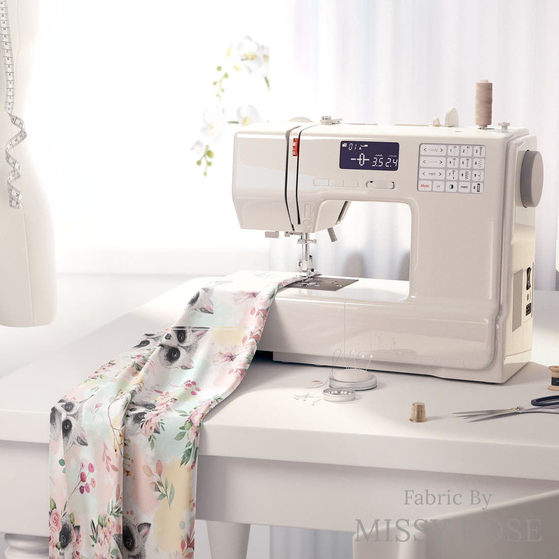 Design 384 Raccoon Fabric on a sewing machine – premium fabric for sewing projects | Fabric by Missy Rose