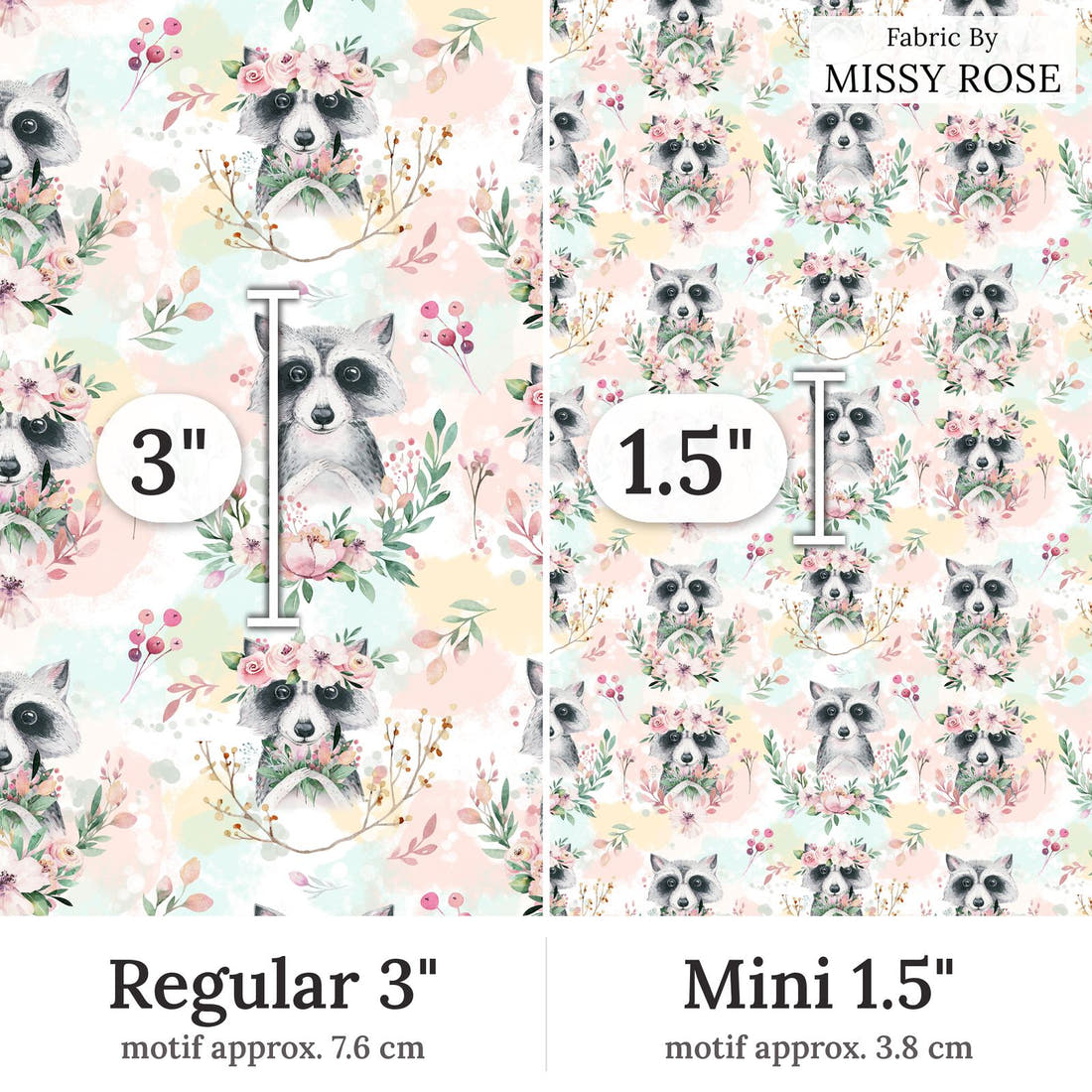 Design 384 Raccoon Fabric Regular 3 inch vs Mini 1.5 inch print scale side by side | Fabric by Missy Rose