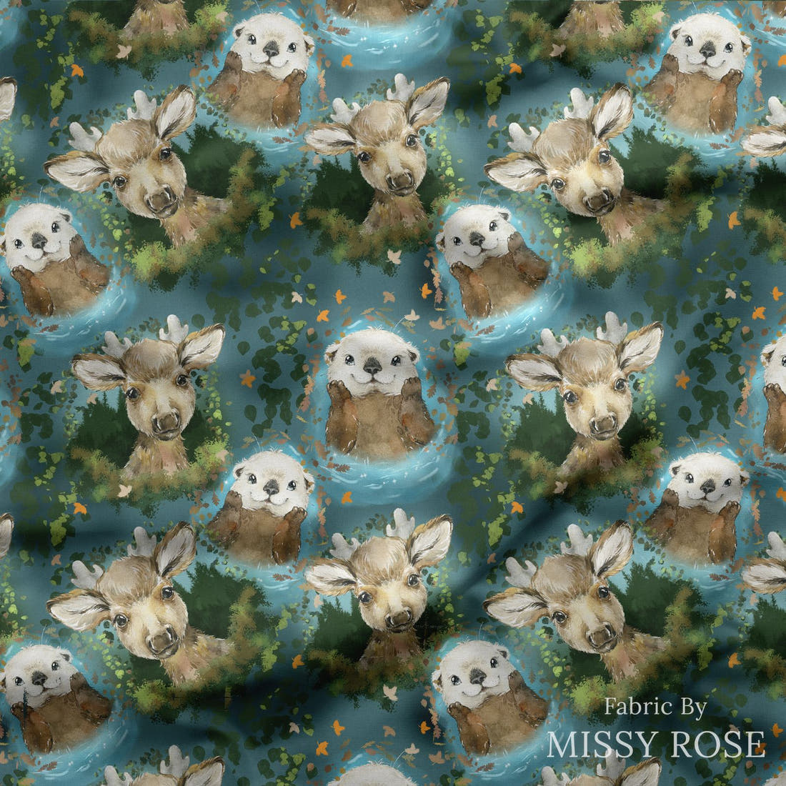 Design 385 Otter Fabric draped fabric mockup – custom printed fabric by the metre | Fabric by Missy Rose