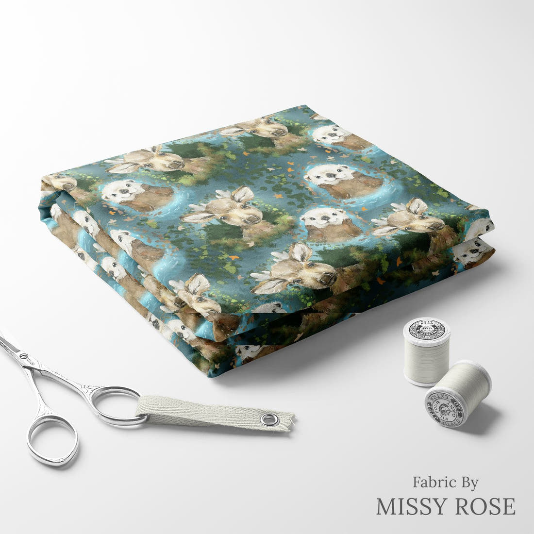 Design 385 Otter Fabric folded fabric stack with matching thread – pre-order fabric Australia | Fabric by Missy Rose