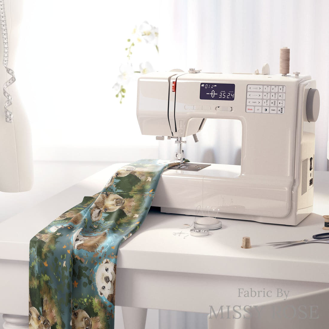 Design 385 Otter Fabric on a sewing machine – premium fabric for sewing projects | Fabric by Missy Rose