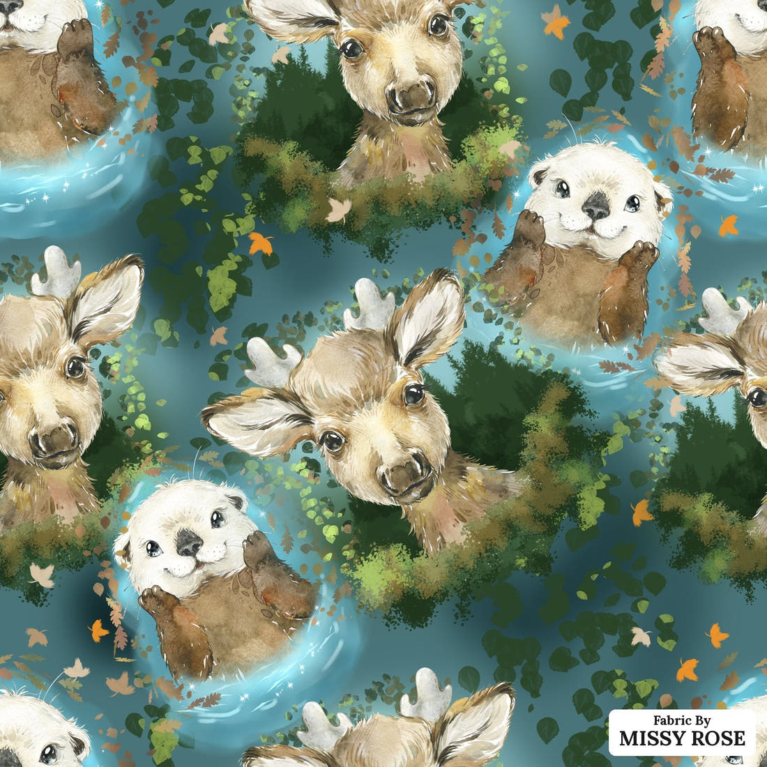 Design 385 Otter Fabric - flat view of the print, zoom in for detail | Fabric by Missy Rose