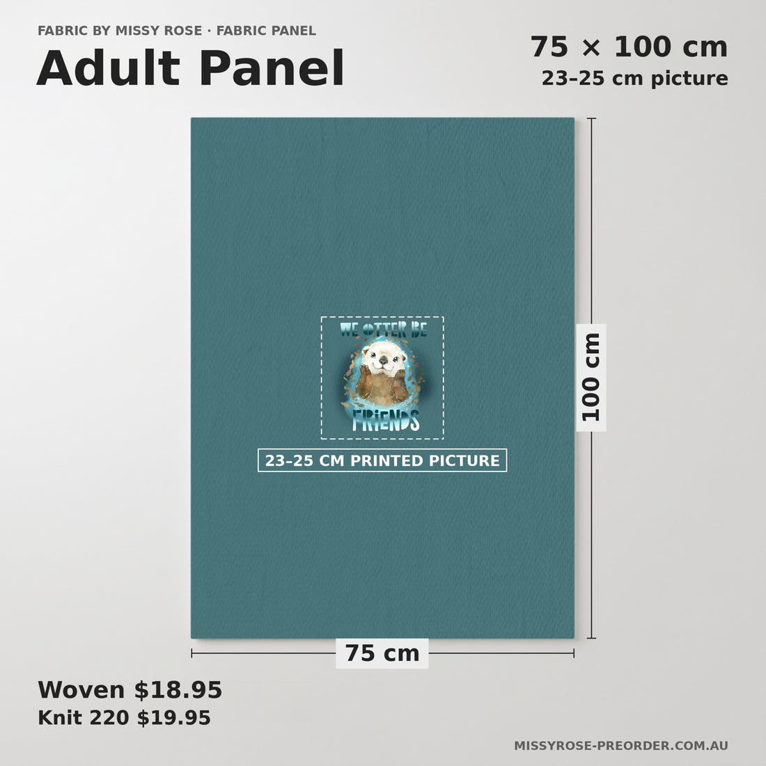 Design 385 Otter Panel adult panel sizing – 23–25 cm printed picture on 75 × 100 cm fabric | Fabric by Missy Rose