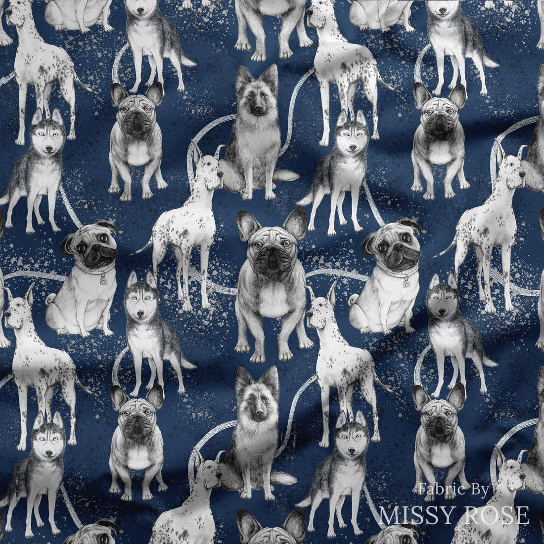 Design 386 Navy Dogs Fabic Fabric draped fabric mockup – custom printed fabric by the metre | Fabric by Missy Rose