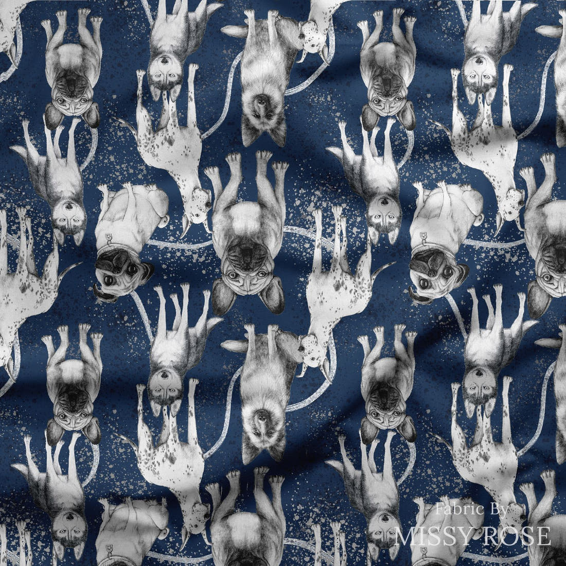 Design 386 Navy Dogs Fabic Fabric draped fabric mockup – custom printed fabric by the metre | Fabric by Missy Rose