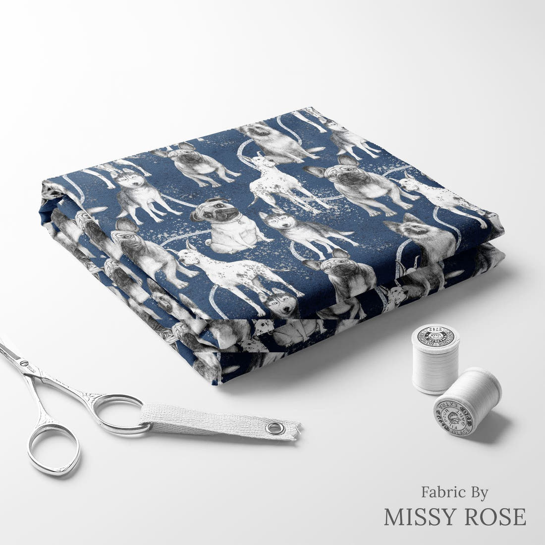 Design 386 Navy Dogs Fabic Fabric folded fabric stack with matching thread – pre-order fabric Australia | Fabric by Missy Rose