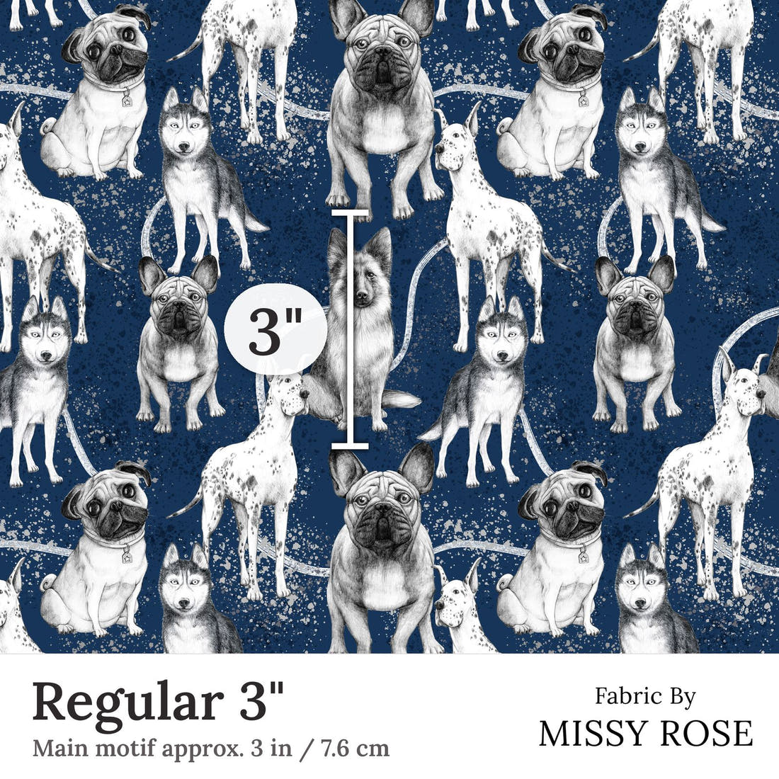 Design 386 Navy Dogs Fabic Fabric Regular 3 inch print scale guide | Fabric by Missy Rose