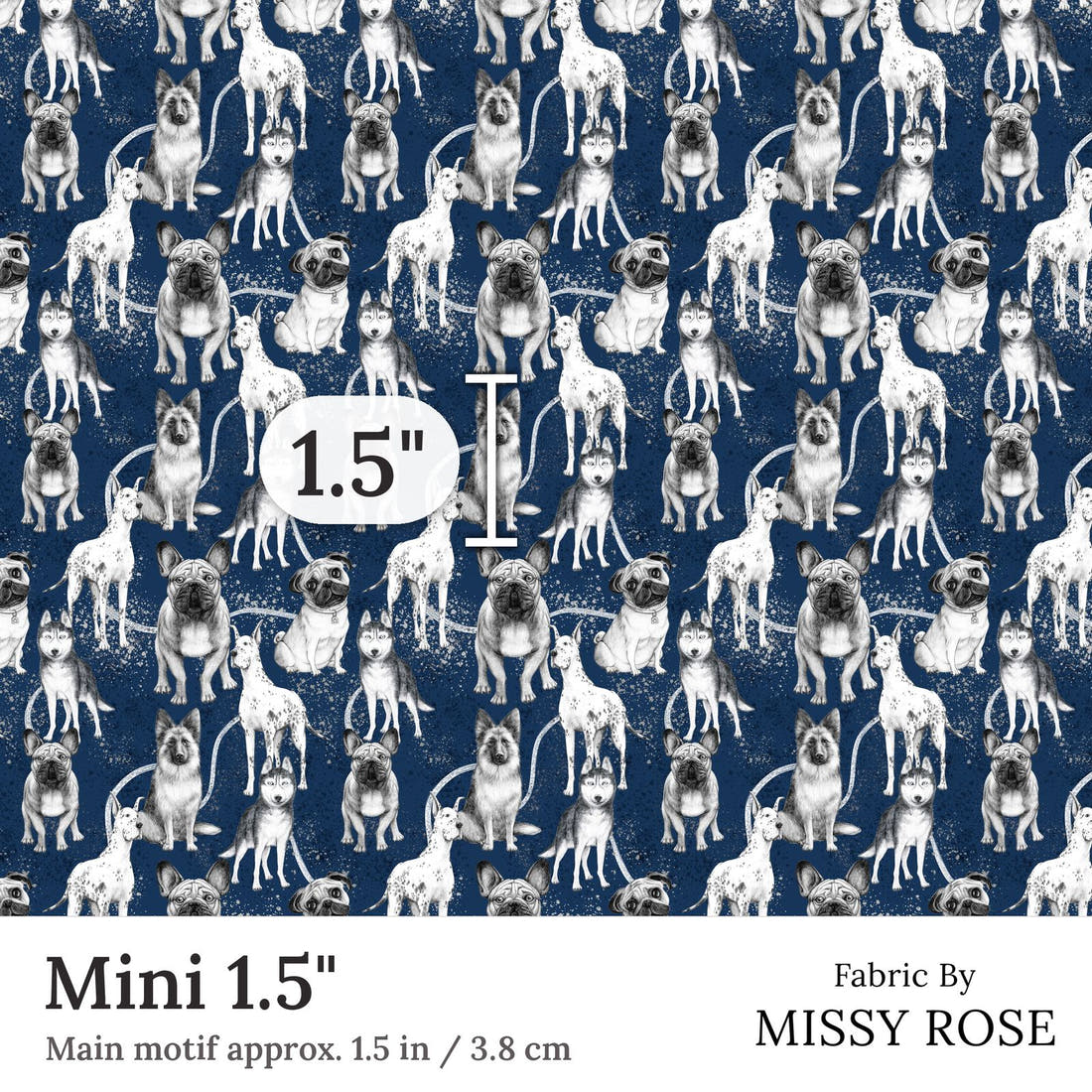 Design 386 Navy Dogs Fabic Fabric Mini 1.5 inch print scale guide | Fabric by Missy Rose