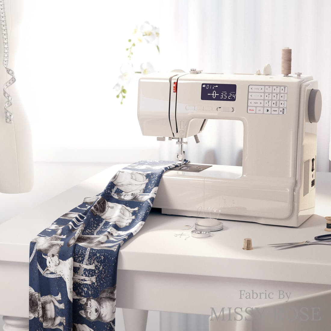 Design 386 Navy Dogs Fabic Fabric on a sewing machine – premium fabric for sewing projects | Fabric by Missy Rose