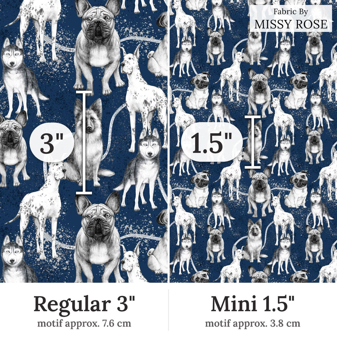 Design 386 Navy Dogs Fabic Fabric Regular 3 inch vs Mini 1.5 inch print scale side by side | Fabric by Missy Rose