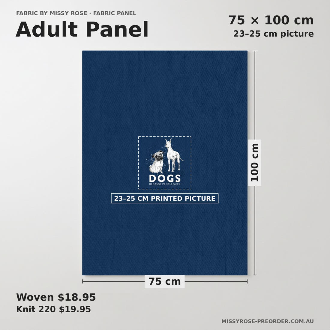 Design 386 Navy Dogs Panel adult panel sizing – 23–25 cm printed picture on 75 × 100 cm fabric | Fabric by Missy Rose