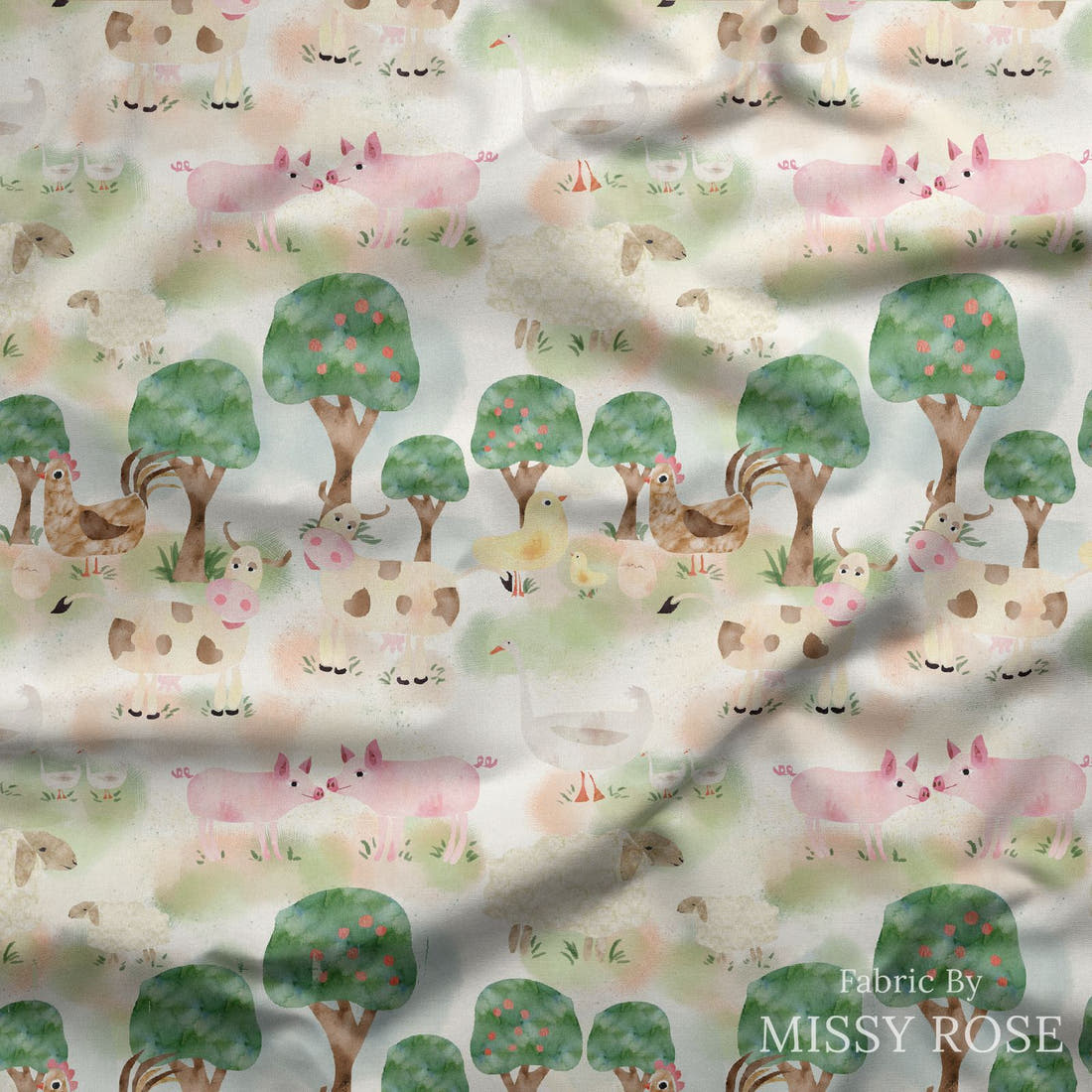 Design 387 Farm Yard Fabric draped fabric mockup – custom printed fabric by the metre | Fabric by Missy Rose