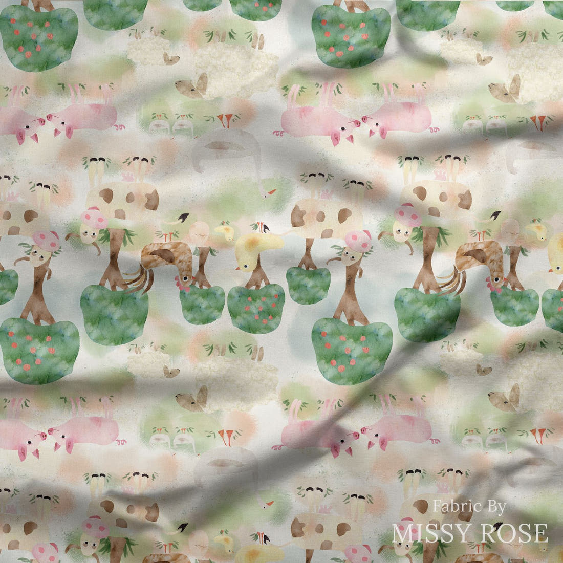 Design 387 Farm Yard Fabric draped fabric mockup – custom printed fabric by the metre | Fabric by Missy Rose