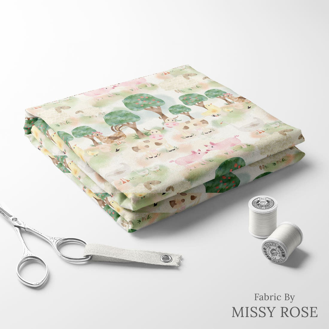 Design 387 Farm Yard Fabric folded fabric stack with matching thread – pre-order fabric Australia | Fabric by Missy Rose