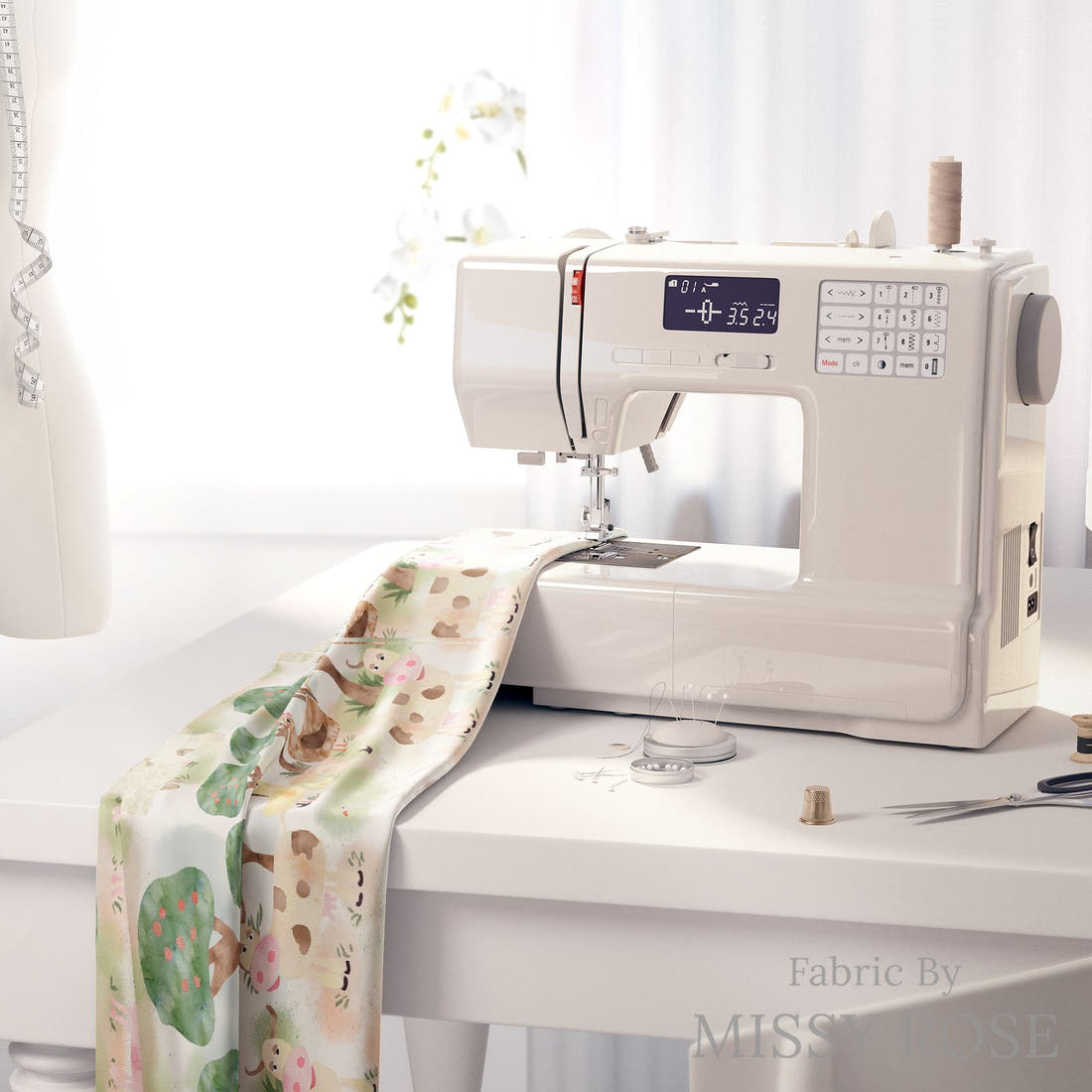 Design 387 Farm Yard Fabric on a sewing machine – premium fabric for sewing projects | Fabric by Missy Rose