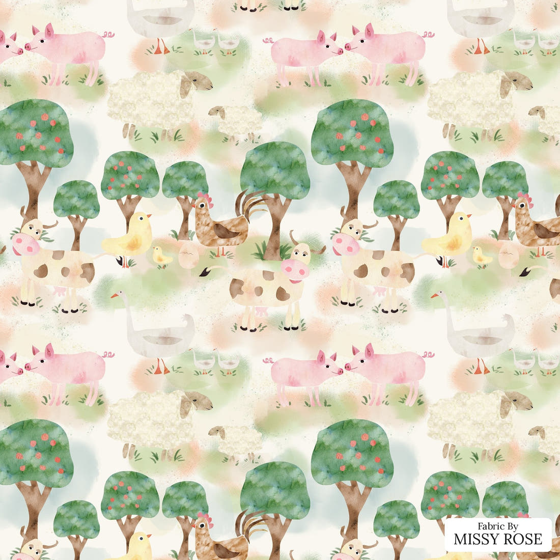 Design 387 Farm Yard Fabric - flat view of the print, zoom in for detail | Fabric by Missy Rose