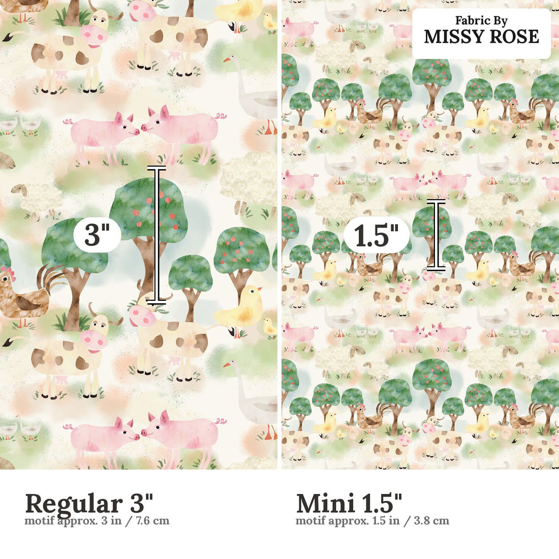 Design 387 Farm Yard Fabric size comparison - print scale | Fabric by Missy Rose