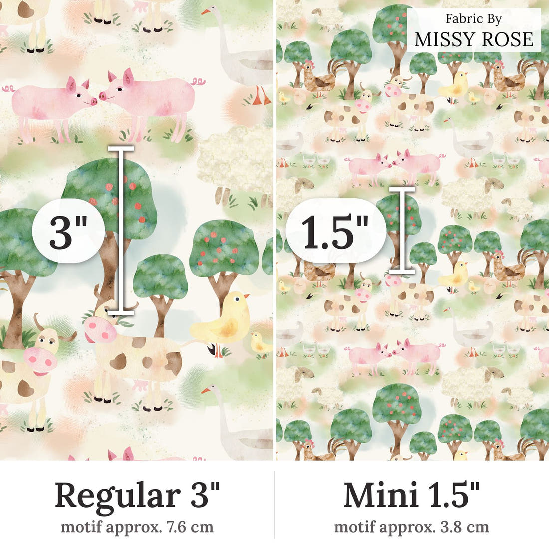 Design 387 Farm Yard Fabric Regular 3 inch vs Mini 1.5 inch print scale side by side | Fabric by Missy Rose