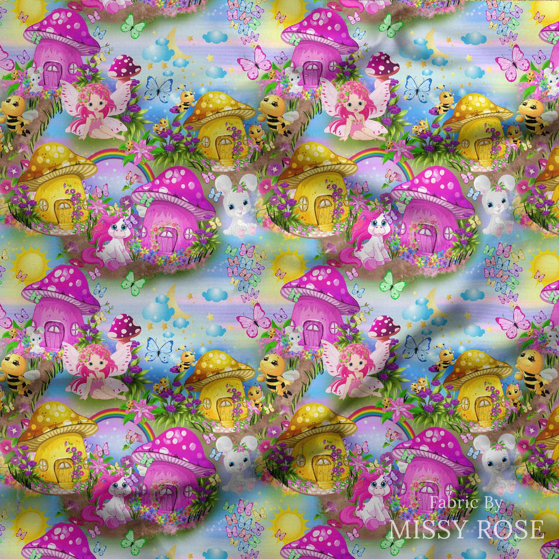 Design 388 Magical Wonderland Fabric draped fabric mockup – custom printed fabric by the metre | Fabric by Missy Rose