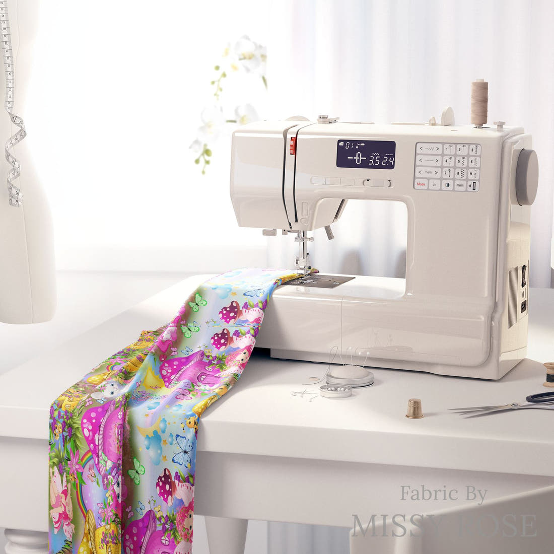 Design 388 Magical Wonderland Fabric on a sewing machine – premium fabric for sewing projects | Fabric by Missy Rose